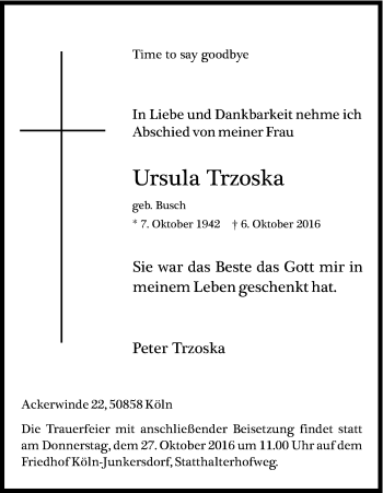 Anzeige von Ursula Trzoska von Kölner Stadt-Anzeiger / Kölnische Rundschau / Express