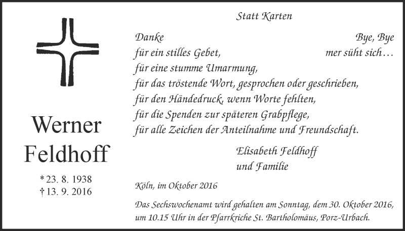  Traueranzeige für Werner Feldhoff vom 12.10.2016 aus  Kölner Wochenspiegel 