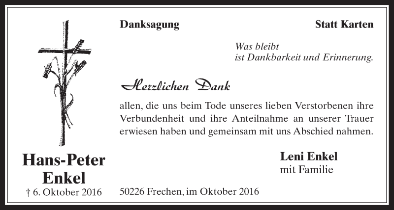  Traueranzeige für Hans-Peter Enkel vom 26.10.2016 aus  Wochenende 