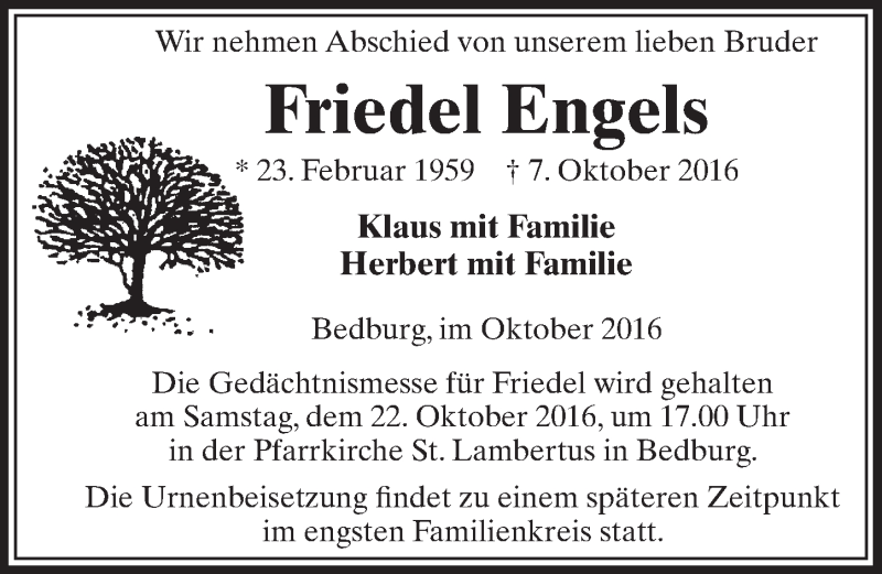 Traueranzeige für Friedel Engels vom 15.10.2016 aus  Sonntags-Post 