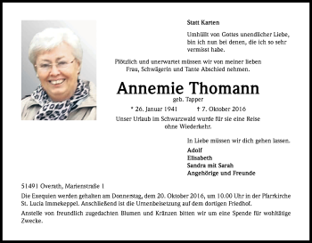 Anzeige von Annemie Thomann von Kölner Stadt-Anzeiger / Kölnische Rundschau / Express