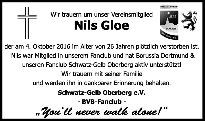  Traueranzeige für Nils Gloe vom 11.10.2016 aus Kölner Stadt-Anzeiger / Kölnische Rundschau / Express