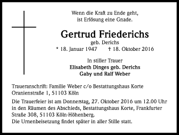 Anzeige von Gertrud Friederichs von Kölner Stadt-Anzeiger / Kölnische Rundschau / Express