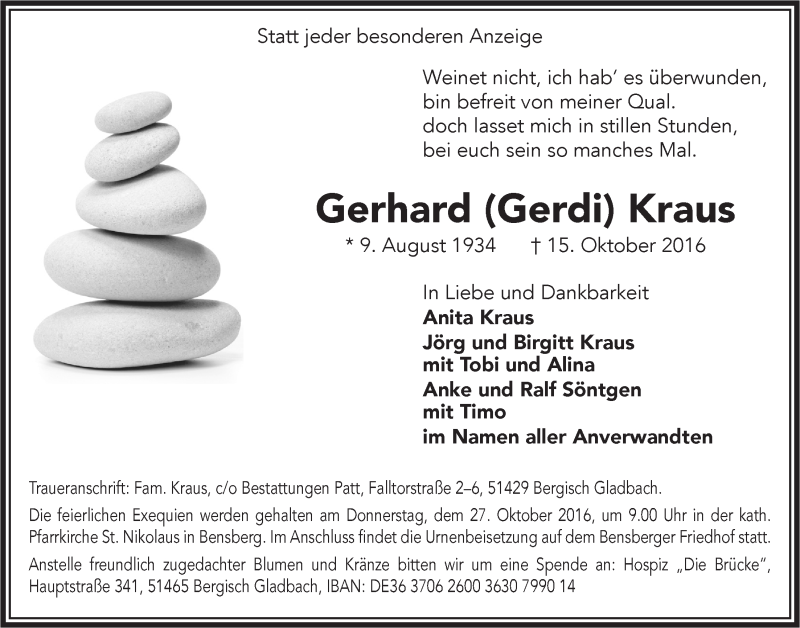  Traueranzeige für Gerhard Kraus vom 19.10.2016 aus  Bergisches Handelsblatt 