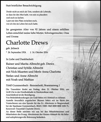 Anzeige von Charlotte Drews von Kölner Stadt-Anzeiger / Kölnische Rundschau / Express