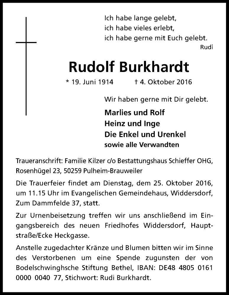  Traueranzeige für Rudolf Burkhardt vom 15.10.2016 aus Kölner Stadt-Anzeiger / Kölnische Rundschau / Express