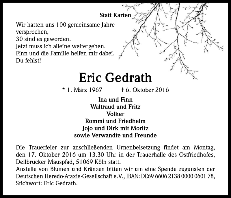  Traueranzeige für Eric Gedrath vom 12.10.2016 aus Kölner Stadt-Anzeiger / Kölnische Rundschau / Express