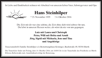 Anzeige von Hans Steinhilper von  Wochenende 
