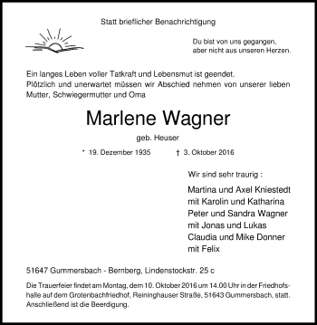 Anzeige von Marlene Wagner von Kölner Stadt-Anzeiger / Kölnische Rundschau / Express