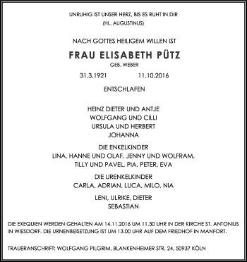 Anzeige von Elisabeth Pütz von Kölner Stadt-Anzeiger / Kölnische Rundschau / Express