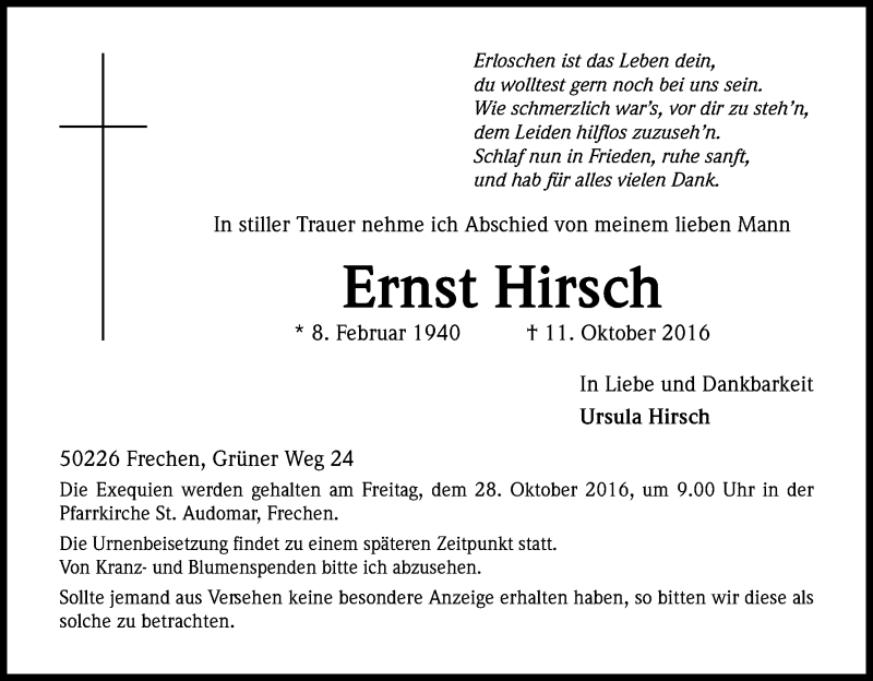  Traueranzeige für Ernst Hirsch vom 22.10.2016 aus Kölner Stadt-Anzeiger / Kölnische Rundschau / Express