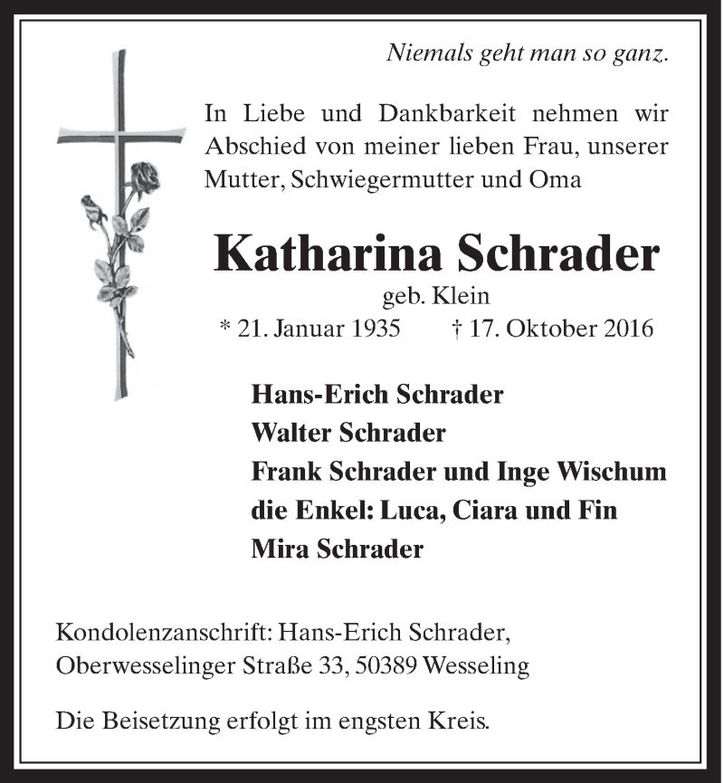  Traueranzeige für Katharina Schrader vom 26.10.2016 aus  Schlossbote/Werbekurier 