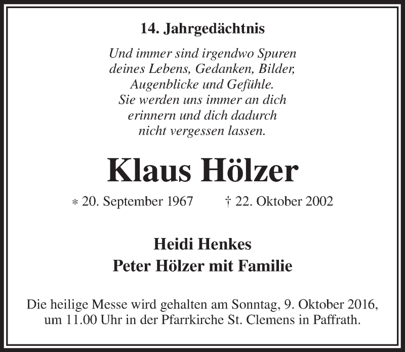 Traueranzeige für Klaus Hölzer vom 05.10.2016 aus  Bergisches Handelsblatt 