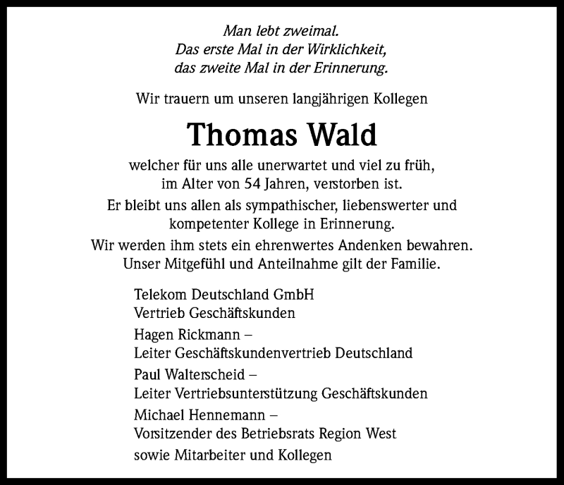  Traueranzeige für Thomas Wald vom 15.10.2016 aus Kölner Stadt-Anzeiger / Kölnische Rundschau / Express