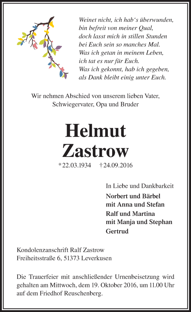  Traueranzeige für Helmut Zastrow vom 12.10.2016 aus  Lokale Informationen 