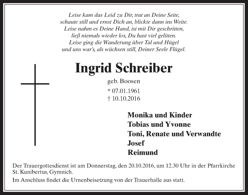  Traueranzeige für Ingrid Schreiber vom 19.10.2016 aus  Werbepost 