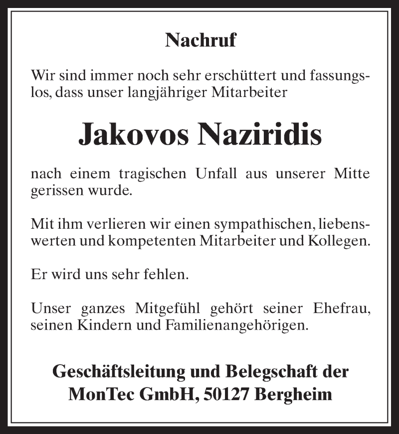  Traueranzeige für Jakovos Naziridis vom 12.10.2016 aus  Kölner Wochenspiegel 