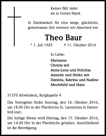 Anzeige von Theo Baur von Kölner Stadt-Anzeiger / Kölnische Rundschau / Express