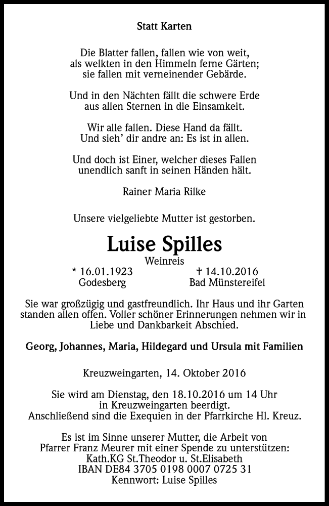  Traueranzeige für Luise Spilles vom 17.10.2016 aus Kölner Stadt-Anzeiger / Kölnische Rundschau / Express