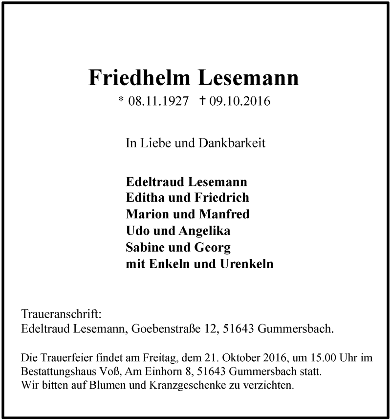 Traueranzeige für Friedhelm Lesemann vom 19.10.2016 aus  Anzeigen Echo 