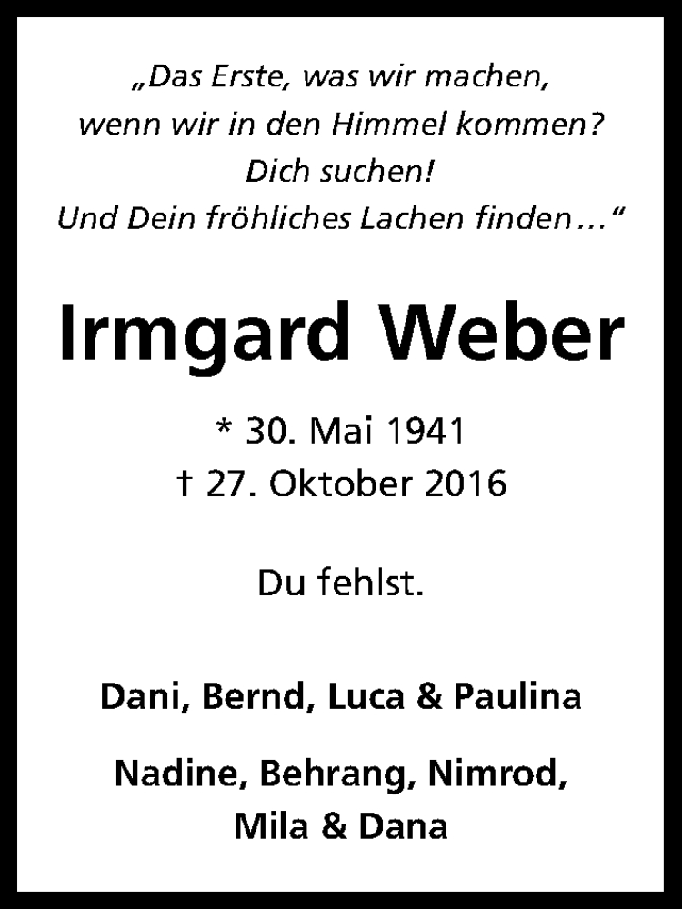  Traueranzeige für Irmgard Weber vom 01.11.2016 aus Kölner Stadt-Anzeiger / Kölnische Rundschau / Express