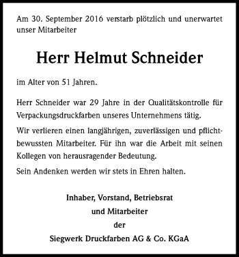 Anzeige von Helmut Schneider von Kölner Stadt-Anzeiger / Kölnische Rundschau / Express