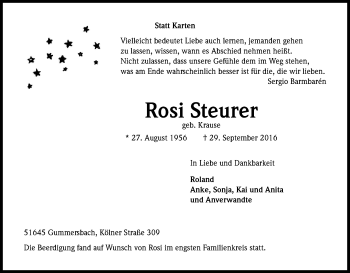 Anzeige von Rosi Steurer von Kölner Stadt-Anzeiger / Kölnische Rundschau / Express