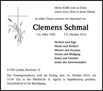 Anzeige von Clemens Schmal von Kölner Stadt-Anzeiger / Kölnische Rundschau / Express
