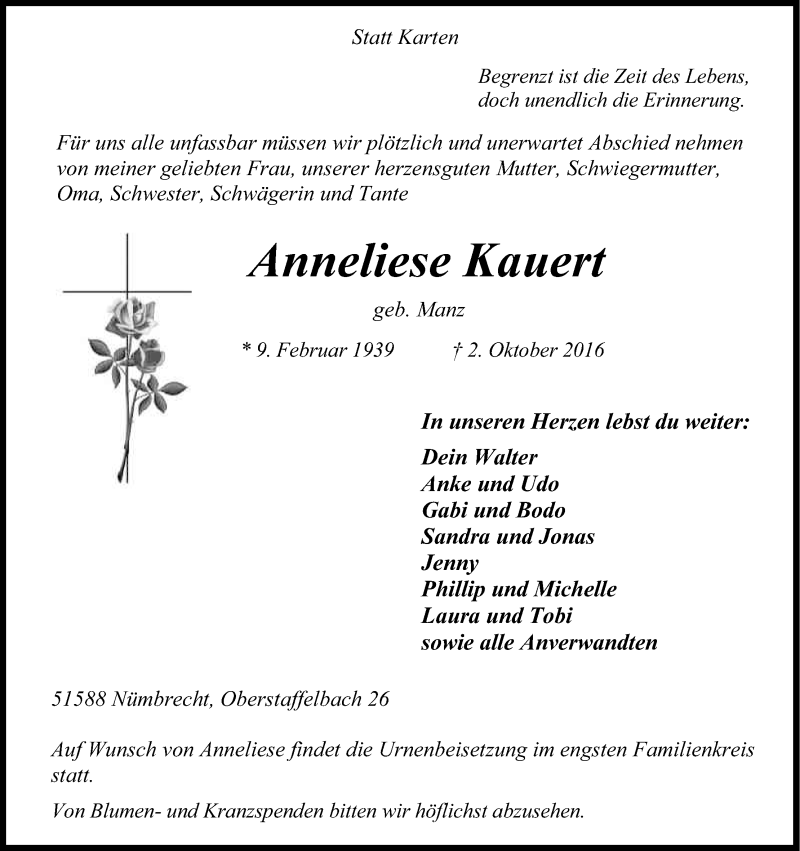  Traueranzeige für Anneliese Kauert vom 05.10.2016 aus Kölner Stadt-Anzeiger / Kölnische Rundschau / Express