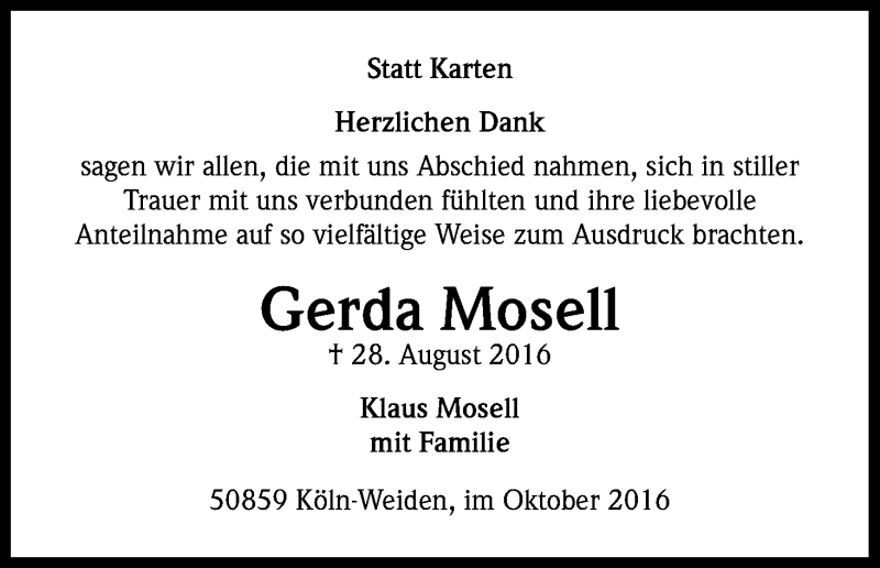  Traueranzeige für Gerda Mosell vom 29.10.2016 aus Kölner Stadt-Anzeiger / Kölnische Rundschau / Express