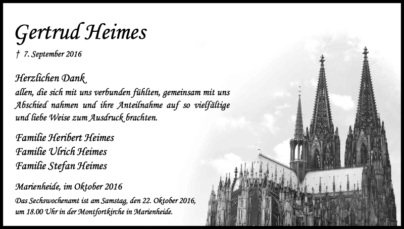  Traueranzeige für Gertrud Heimes vom 15.10.2016 aus Kölner Stadt-Anzeiger / Kölnische Rundschau / Express