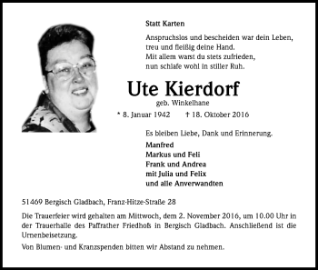 Anzeige von Ute Kierdorf von Kölner Stadt-Anzeiger / Kölnische Rundschau / Express