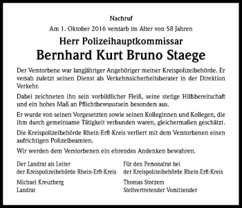 Anzeige von Bernhard Kurt Bruno ZA21-26.04.15 Staege von Kölner Stadt-Anzeiger / Kölnische Rundschau / Express