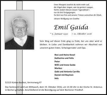 Anzeige von Emil Gaida von Kölner Stadt-Anzeiger / Kölnische Rundschau / Express