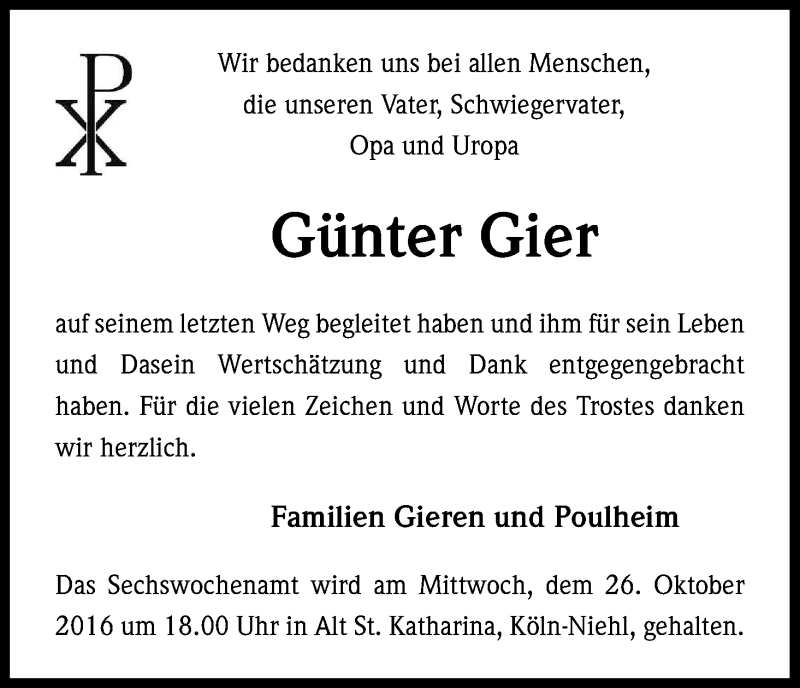 Traueranzeige für Günter Gier vom 15.10.2016 aus Kölner Stadt-Anzeiger / Kölnische Rundschau / Express