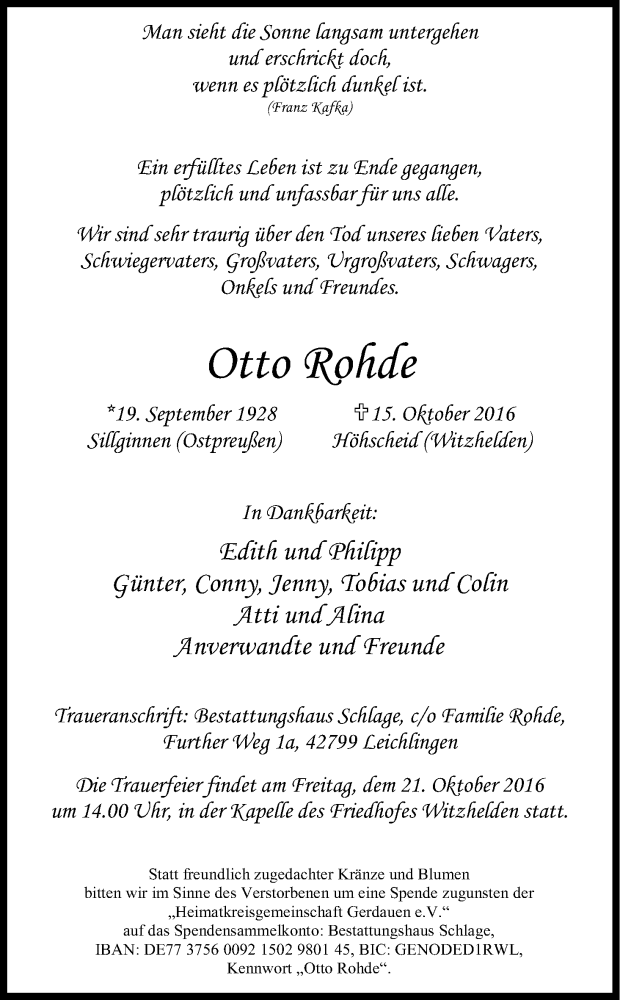  Traueranzeige für Otto Rohde vom 19.10.2016 aus Kölner Stadt-Anzeiger / Kölnische Rundschau / Express