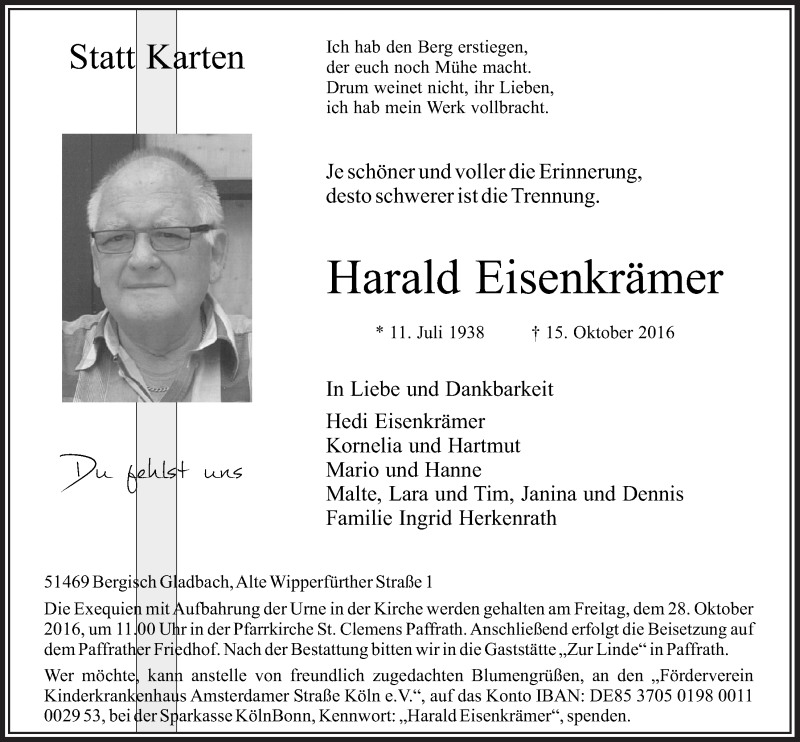  Traueranzeige für Harald Eisenkrämer vom 19.10.2016 aus  Bergisches Handelsblatt 