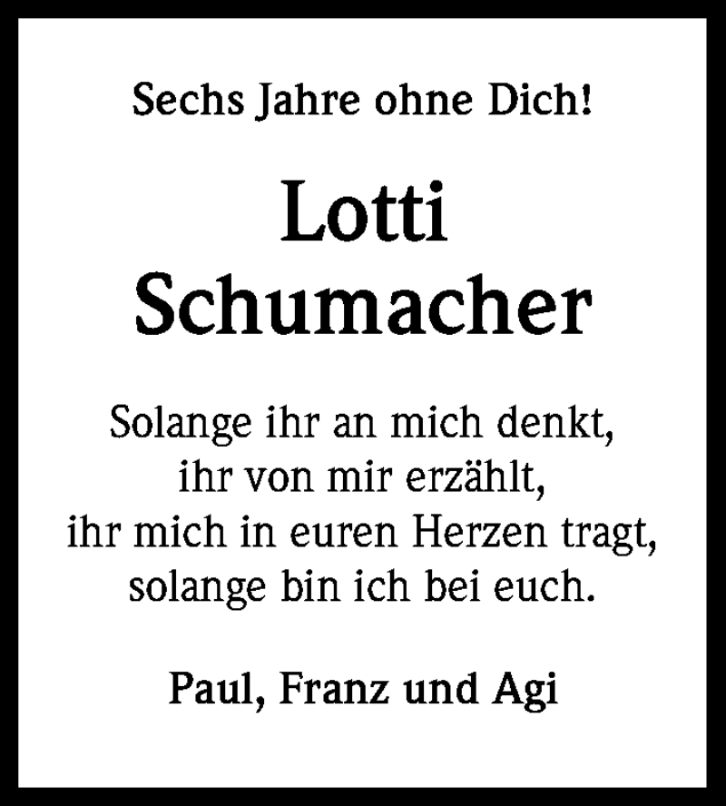  Traueranzeige für Lotti Schumacher vom 15.10.2016 aus Kölner Stadt-Anzeiger / Kölnische Rundschau / Express