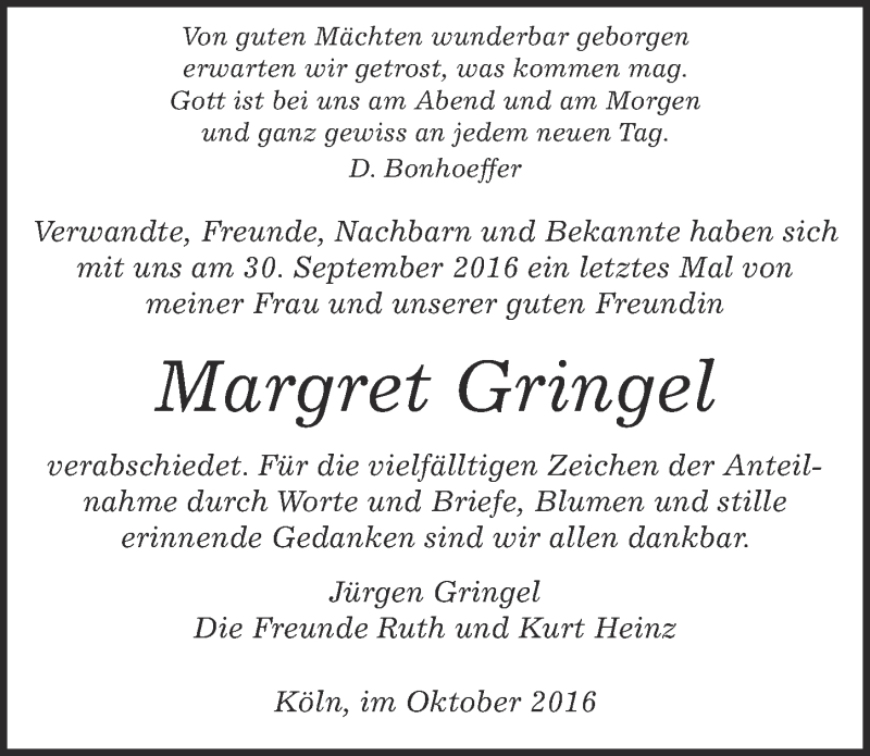 Traueranzeige für Margret Gringel vom 12.10.2016 aus  Kölner Wochenspiegel 