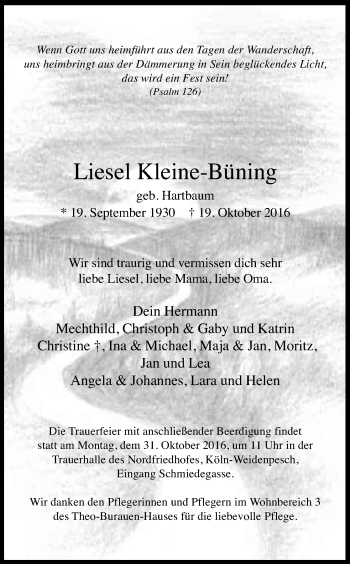 Anzeige von Liesel Kleine-Büning von Kölner Stadt-Anzeiger / Kölnische Rundschau / Express