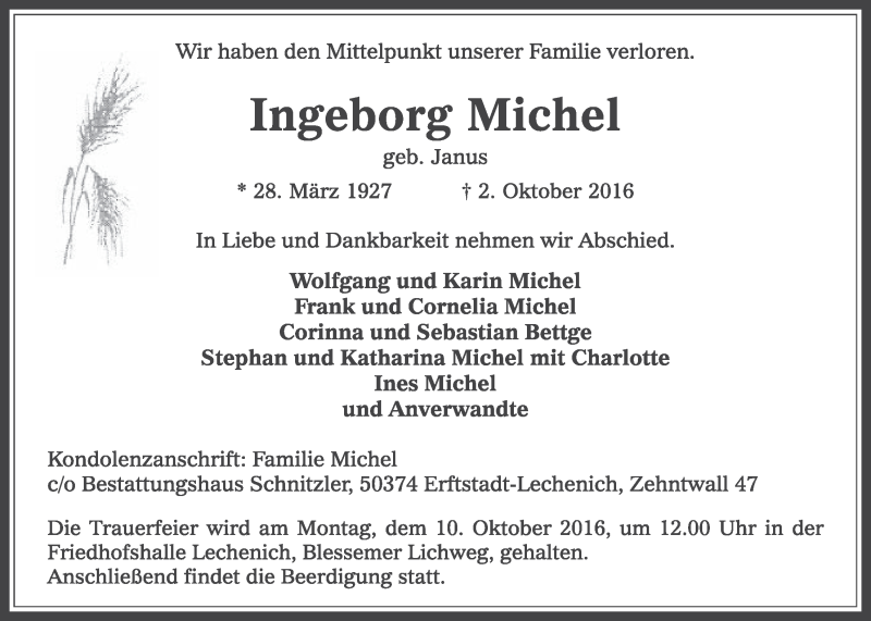  Traueranzeige für Ingeborg Michel vom 08.10.2016 aus  Sonntags-Post 
