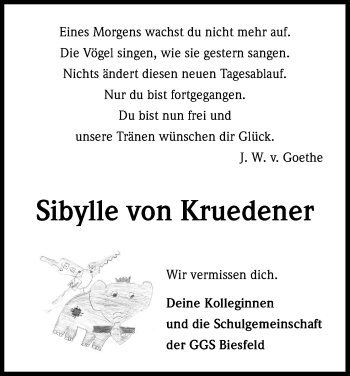 Anzeige von Sibylle von Kruedener von Kölner Stadt-Anzeiger / Kölnische Rundschau / Express