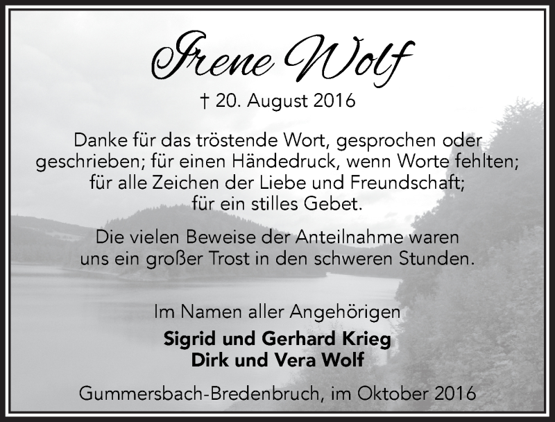  Traueranzeige für Irene Wolf vom 26.10.2016 aus  Anzeigen Echo 