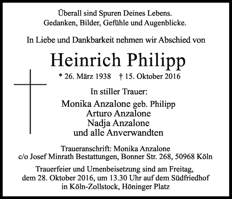  Traueranzeige für Heinrich Philipp vom 22.10.2016 aus Kölner Stadt-Anzeiger / Kölnische Rundschau / Express