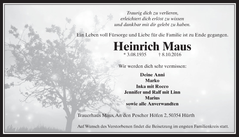  Traueranzeige für Heinrich Maus vom 19.10.2016 aus  Wochenende 