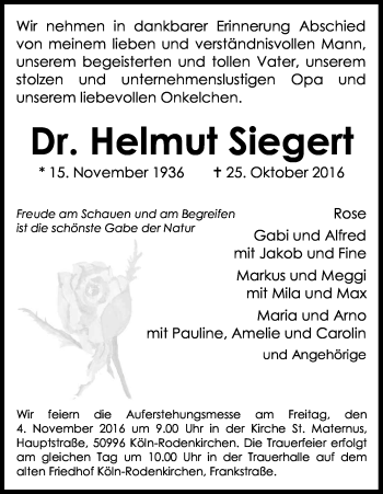 Anzeige von Helmut Siegert von Kölner Stadt-Anzeiger / Kölnische Rundschau / Express