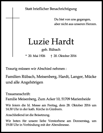 Anzeige von Luzie Hardt von Kölner Stadt-Anzeiger / Kölnische Rundschau / Express