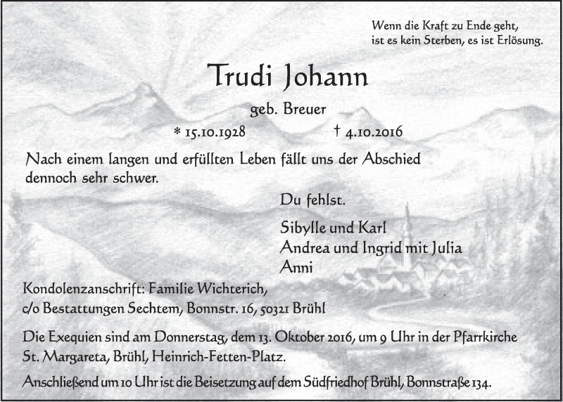  Traueranzeige für Trudi Johann vom 12.10.2016 aus  Schlossbote/Werbekurier 