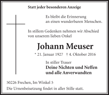 Anzeige von Johann Meuser von  Sonntags-Post 