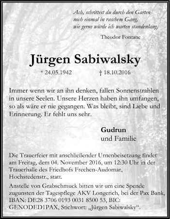 Anzeige von Jürgen Sabiwalsky von Kölner Stadt-Anzeiger / Kölnische Rundschau / Express